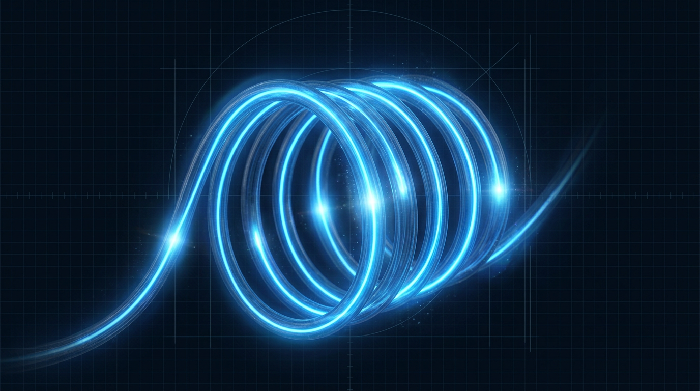 Dark technical interior showing coiled optical fiber glowing with electric blue light, representing amplified signal propagation through erbium-doped fiber optic amplifier.