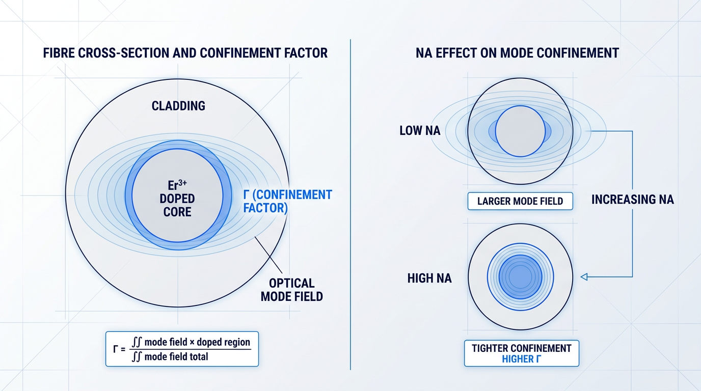 Two-panel technical diagram showing fibre cross-section with concentric cladding and erbium-doped core, optical mode field contours, and shaded overlap region labelled Γ; right panel demonstrates how increasing numerical aperture concentrates mode field tighter within doped core, improving confinement factor.