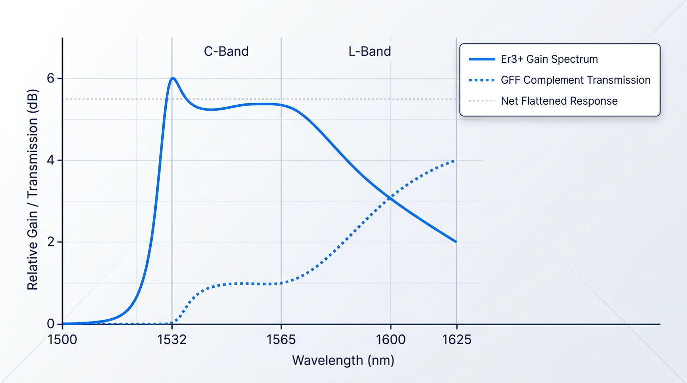 Two-axis graph showing Er3+ gain spectrum (solid electric blue curve) peaking at 1532 nm and declining through C-band and L-band regions, with overlaid GFF complement transmission curve (dotted blue line) and resulting flattened net response (dotted grey line) across 1500–1625 nm wavelength range.