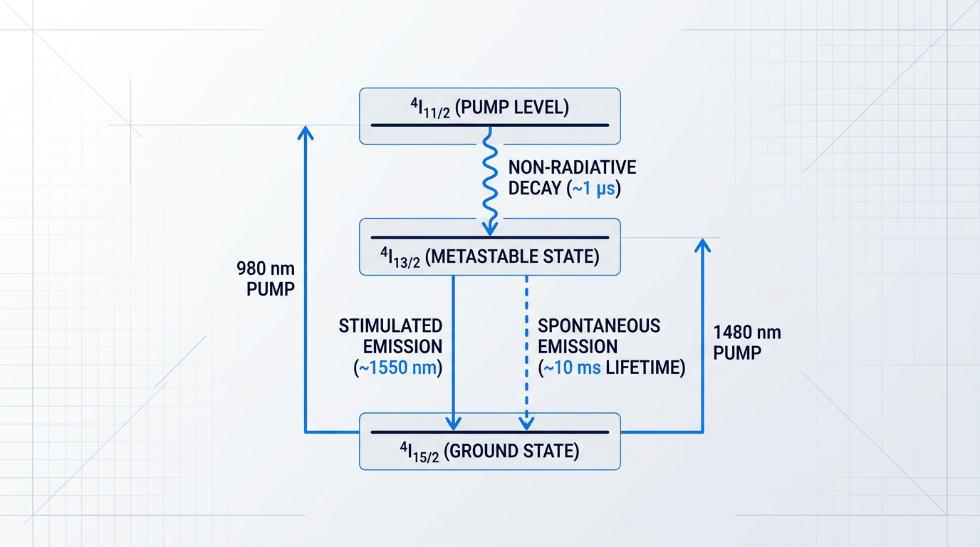 Energy level diagram for Er³⁺ ions showing three horizontal states: ground state ⁴I₁₅/₂ at bottom, metastable state ⁴I₁₃/₂ in middle, pump level ⁴I₁₁/₂ at top. Two upward arrows indicate 980 nm and 1480 nm pump pathways. Downward arrows show non-radiative decay, stimulated emission, and spontaneous emission with decay times.