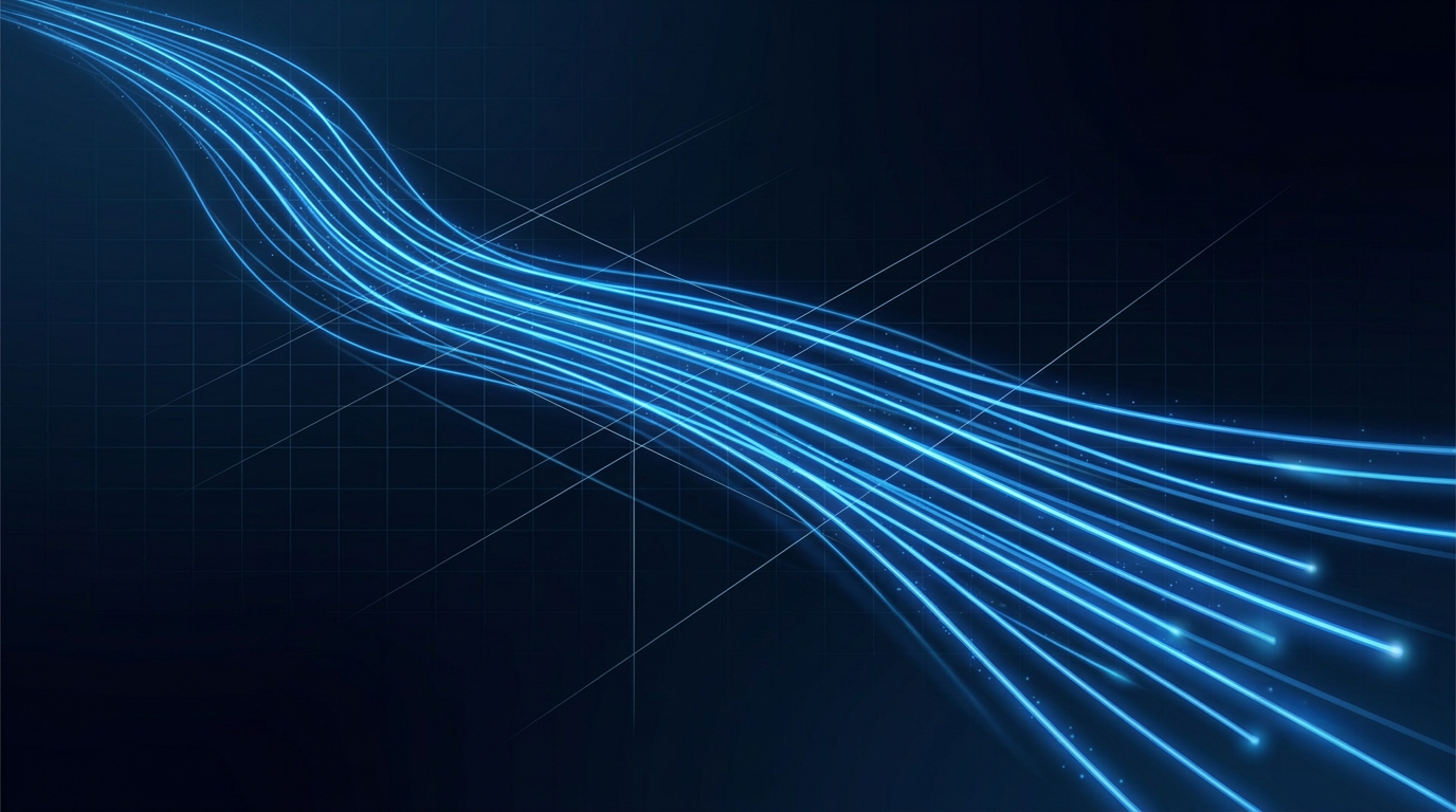 Dark navy background with glowing electric blue fiber optic light paths flowing diagonally, intersected by faint geometric grid lines and construction lines, evoking precision optical engineering.
