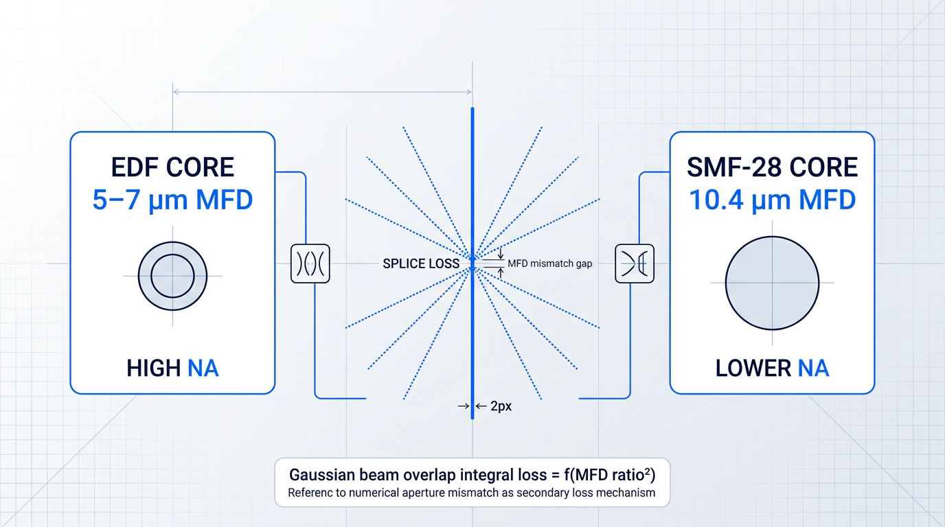 Splice interface diagram comparing EDF core (5–7 µm MFD, high NA) on left to SMF-28 core (10.4 µm MFD, lower NA) on right, with radiating dotted lines from junction showing uncoupled light loss escaping the acceptance cone.