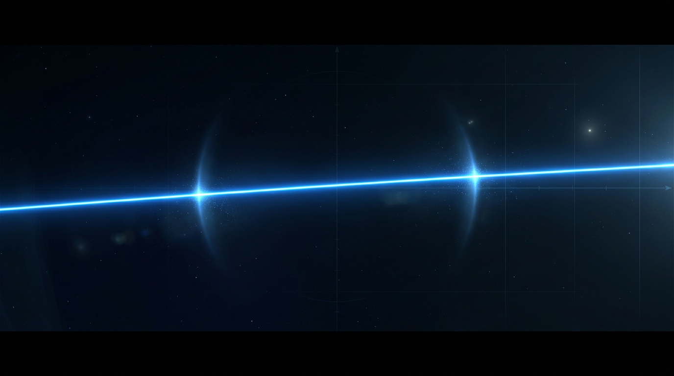 Deep space background with brilliant electric blue laser beam bridging two distant points horizontally across dark navy gradient, subtle stars and atmospheric particle scatter visible along beam path.