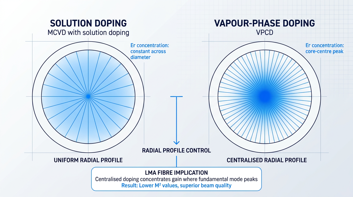 Side-by-side cross-section comparison of erbium dopant distribution profiles: solution doping shows uniform concentration across the full core diameter; vapour-phase doping shows concentrated erbium in the central core region with decreasing concentration toward edges.