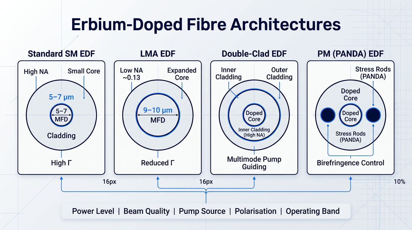 Four erbium-doped fibre cross-sections arranged side-by-side: Standard SM with small high-NA core, LMA with expanded low-NA core, Double-Clad with doped core and inner multimode cladding, and PM PANDA with doped core flanked by stress rods.