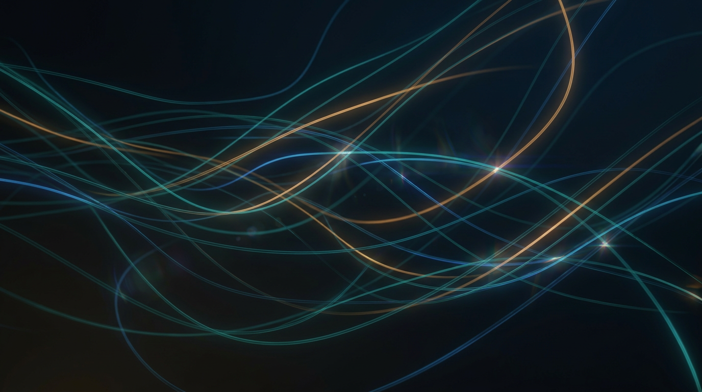 Abstract glowing optical fiber strands in deep teal and warm amber tones floating through dark navy and charcoal background, suggesting light propagation through erbium-doped fiber.