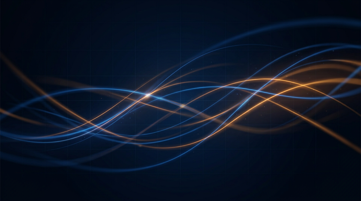 Abstract glowing optical fiber strands in deep blue and warm amber light, weaving across a dark navy gradient background with faint geometric grid pattern, suggesting light transmission through erbium-doped fiber.