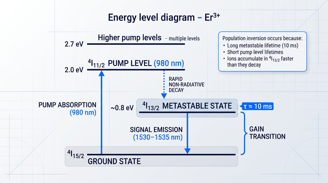 Er³⁺ energy level diagram showing ground state ⁴I₁₅/₂, metastable state ⁴I₁₃/₂ with 10 ms lifetime, and pump levels, with arrows indicating 980 nm pump absorption, rapid non-radiative decay, and 1530–1535 nm signal emission transition.