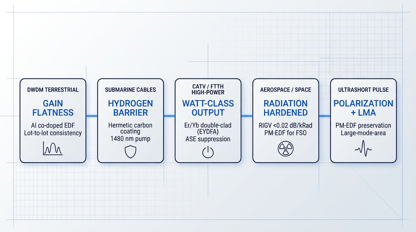 Five-container flow diagram mapping EDF application contexts to material requirements: DWDM Terrestrial (gain flatness, Al co-doped), Submarine Cables (hydrogen barrier, hermetic coating), CATV/FTTH (watt-class output, Er/Yb double-clad), Aerospace/Space (radiation hardened, PM-EDF), Ultrashort Pulse (polarization and large-mode-area fiber).