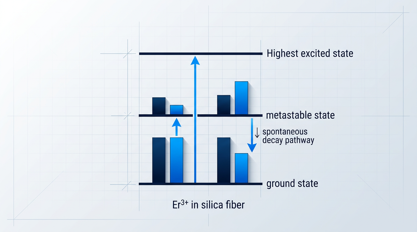 Energy level diagram for erbium ions showing three horizontal levels with before/after population bars demonstrating inversion from ground state to metastable state, with pump arrows and decay annotation.
