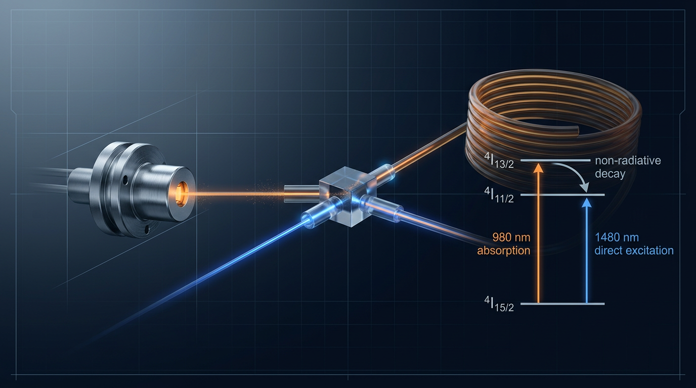 Schematic showing semiconductor laser diode (980 nm) and signal fiber converging through WDM coupler into coiled erbium-doped fiber, with overlaid energy-level diagram showing orange 980 nm pump path and blue 1480 nm signal path through quantum states.