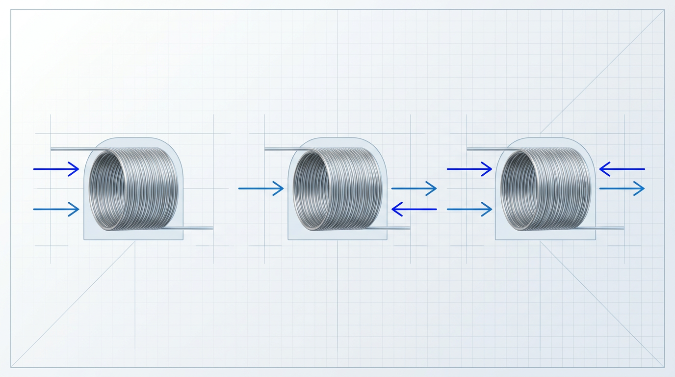 Three EDFA pump configurations displayed horizontally: co-propagating with pump and signal arrows pointing the same direction through coiled erbium-doped fiber; counter-propagating with pump entering opposite to signal direction; bidirectional with dual pump arrows entering from both ends simultaneously.