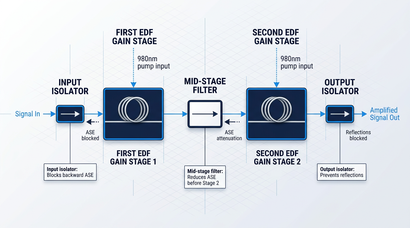 Two-stage EDFA block diagram showing input isolator, first erbium-doped fiber gain stage, mid-stage filter, second gain stage, and output isolator with 980nm pump inputs and signal flow arrows.