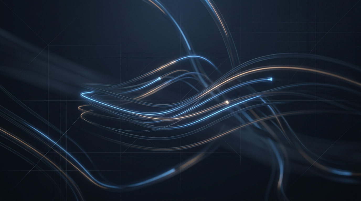 Dark atmospheric background with glowing optical fiber strands propagating soft electric blue and amber light through a deep navy environment, suggesting signal transmission in erbium-doped fiber amplifier technology.