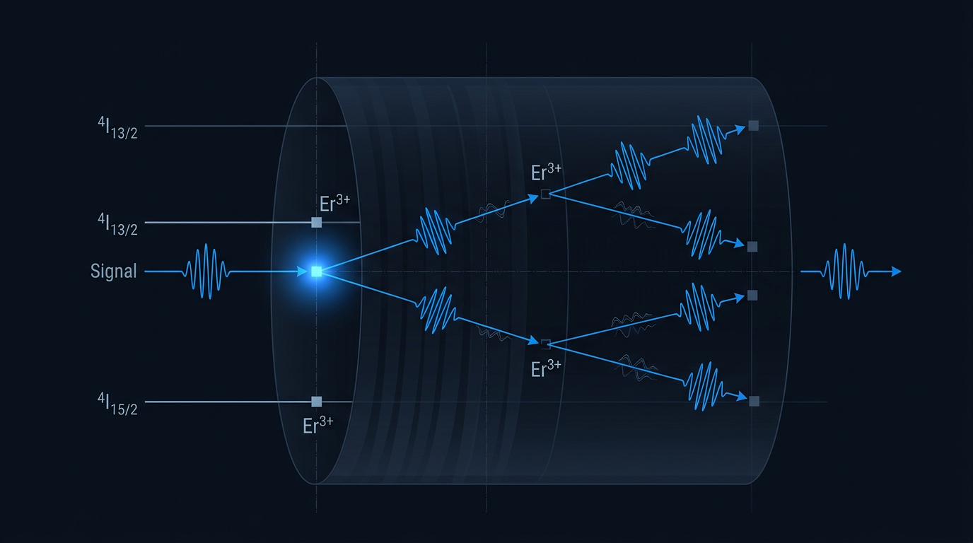 Vertical cross-section of erbium-doped optical fiber showing stimulated emission cascade: single blue wave packet photon triggers emission from excited Er3+ ion at 4I13/2 energy level, producing two identical photons that each trigger downstream ions, multiplying to four photons in the cascade chain.