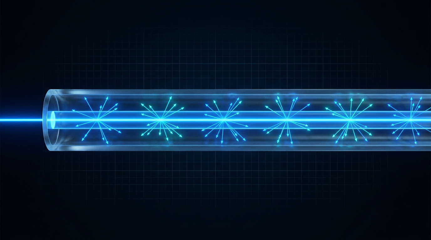 Cross-sectional view of an erbium-doped optical fiber with a coherent blue signal beam traveling along the core, surrounded by scattered spontaneous emission photons radiating outward from excited ion sites.
