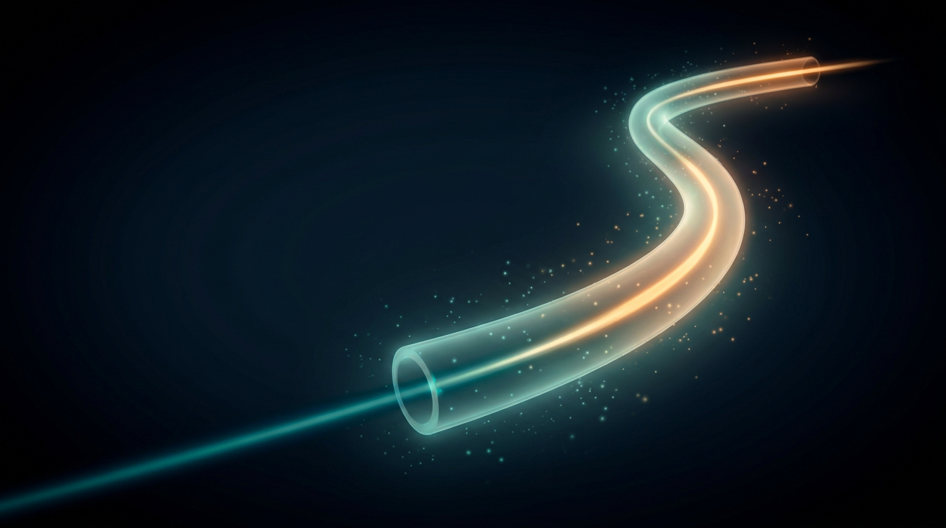 Dark atmospheric background showing a glowing erbium-doped optical fibre with coherent light beam propagating through it, transitioning from teal to amber hues with subtle particle scatter suggesting active gain amplification.