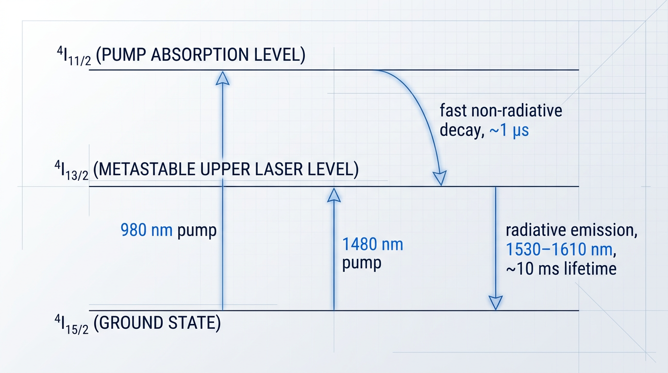 Energy level diagram showing three horizontal energy states of Er³⁺ ions: ground state ⁴I₁₅/₂ at bottom, metastable level ⁴I₁₃/₂ in middle, and pump absorption level ⁴I₁₁/₂ at top. Upward arrows indicate 980 nm and 1480 nm pump transitions from ground state. Downward arrows show fast non-radiative decay (~1 µs) and radiative emission (1530–1610 nm, ~10 ms).