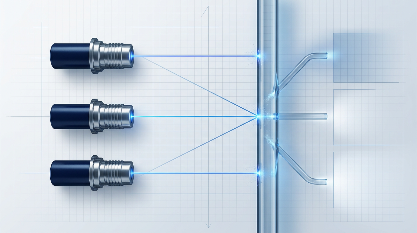 Three laser diodes (960 nm, 980 nm, 1480 nm) emitting blue beams into a central erbium-doped fiber, with three output pathways branching right labeled L-band EDFA, preamplifier/low noise, and booster/high power.
