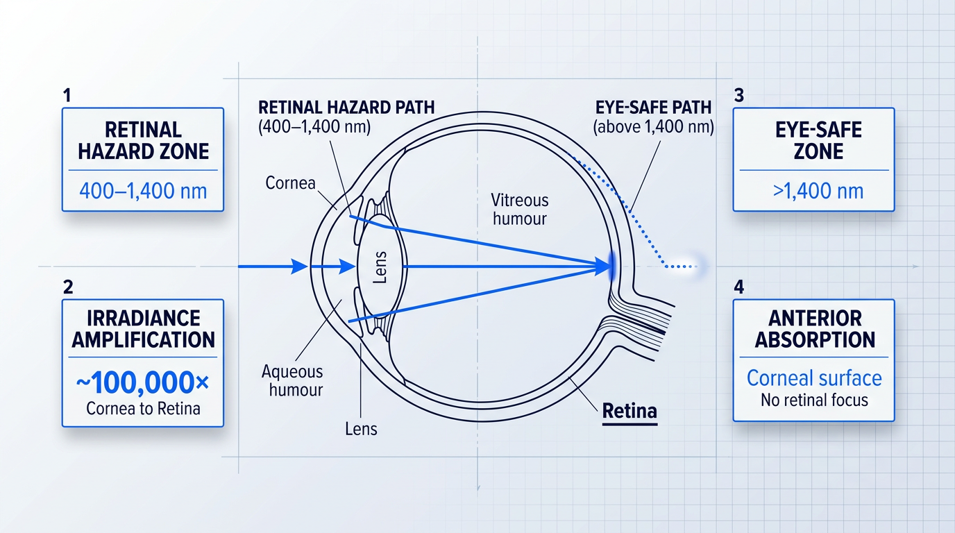 Cross-sectional diagram of human eye showing two laser beam paths: solid electric blue line (400–1,400 nm) focused through cornea, lens, and vitreous to retina with ~100,000× irradiance amplification; dotted line (>1,400 nm) absorbed at corneal surface. Labeled structures: cornea, aqueous humour, lens, vitreous humour, retina.