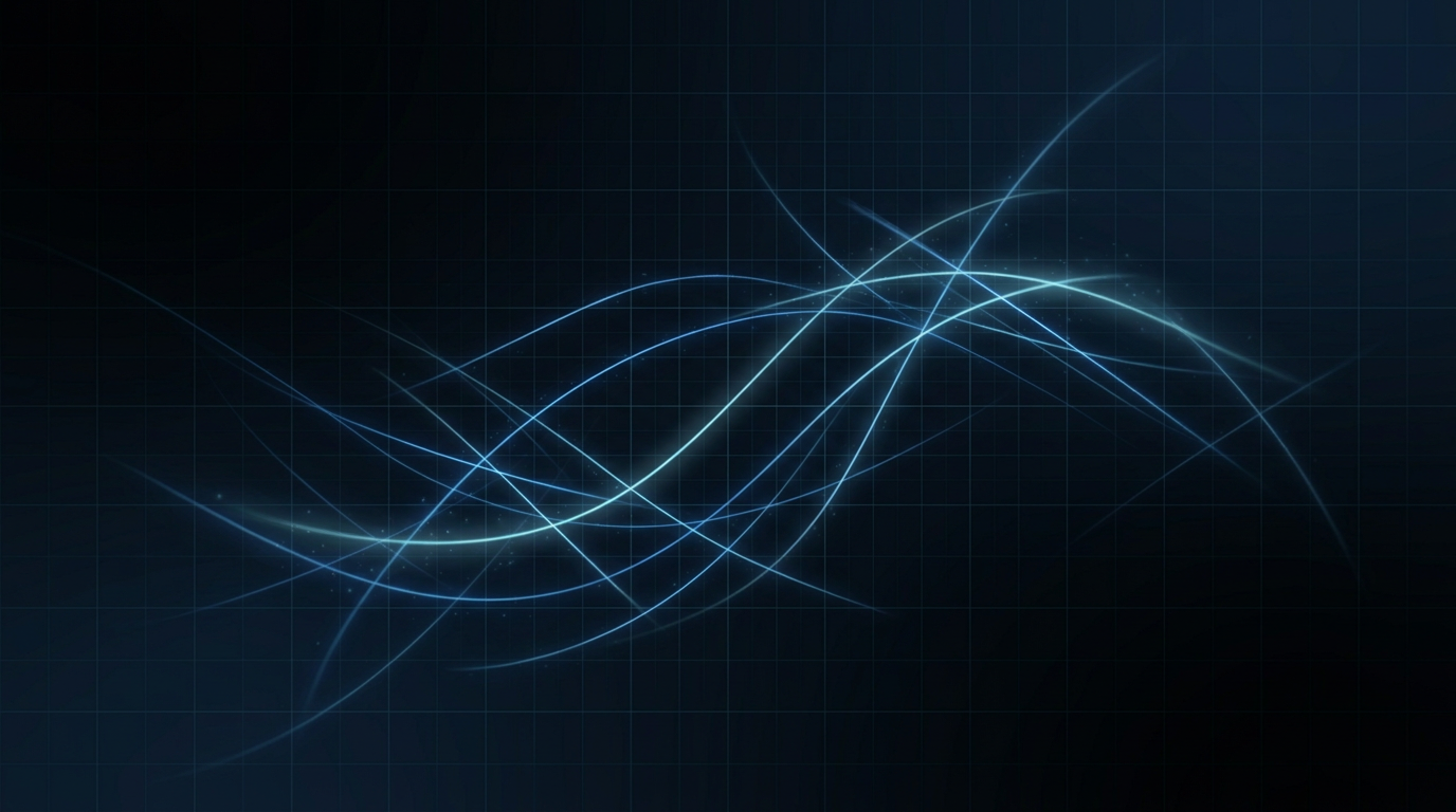 Dark photonics laboratory environment with glowing electric blue fiber optic light paths and near-infrared beam traces intersecting through deep navy space, conveying precision laser technology and optical transmission.