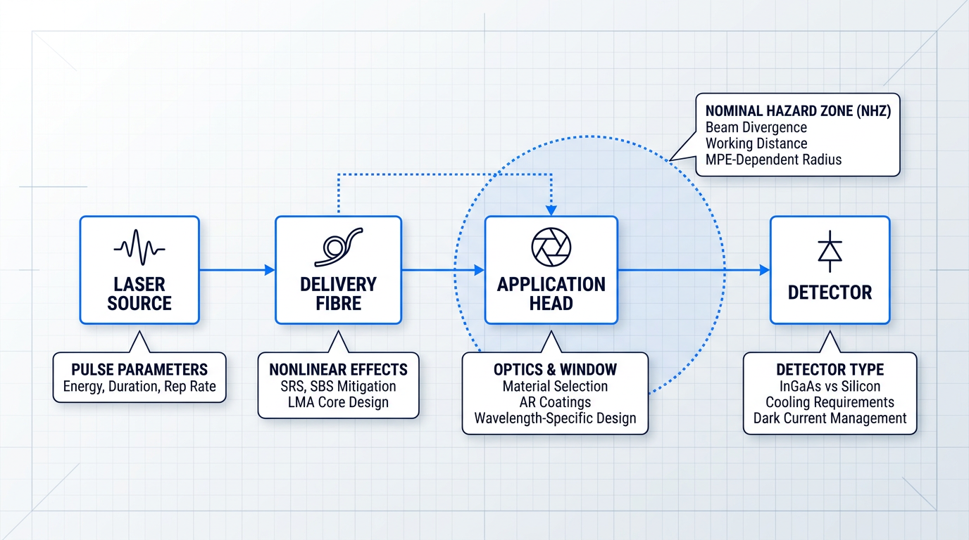 System architecture diagram of eye-safe laser showing laser source, delivery fibre, application head, and detector nodes with annotated callouts for pulse parameters, nonlinear effects, optics design, detector type, and nominal hazard zone.