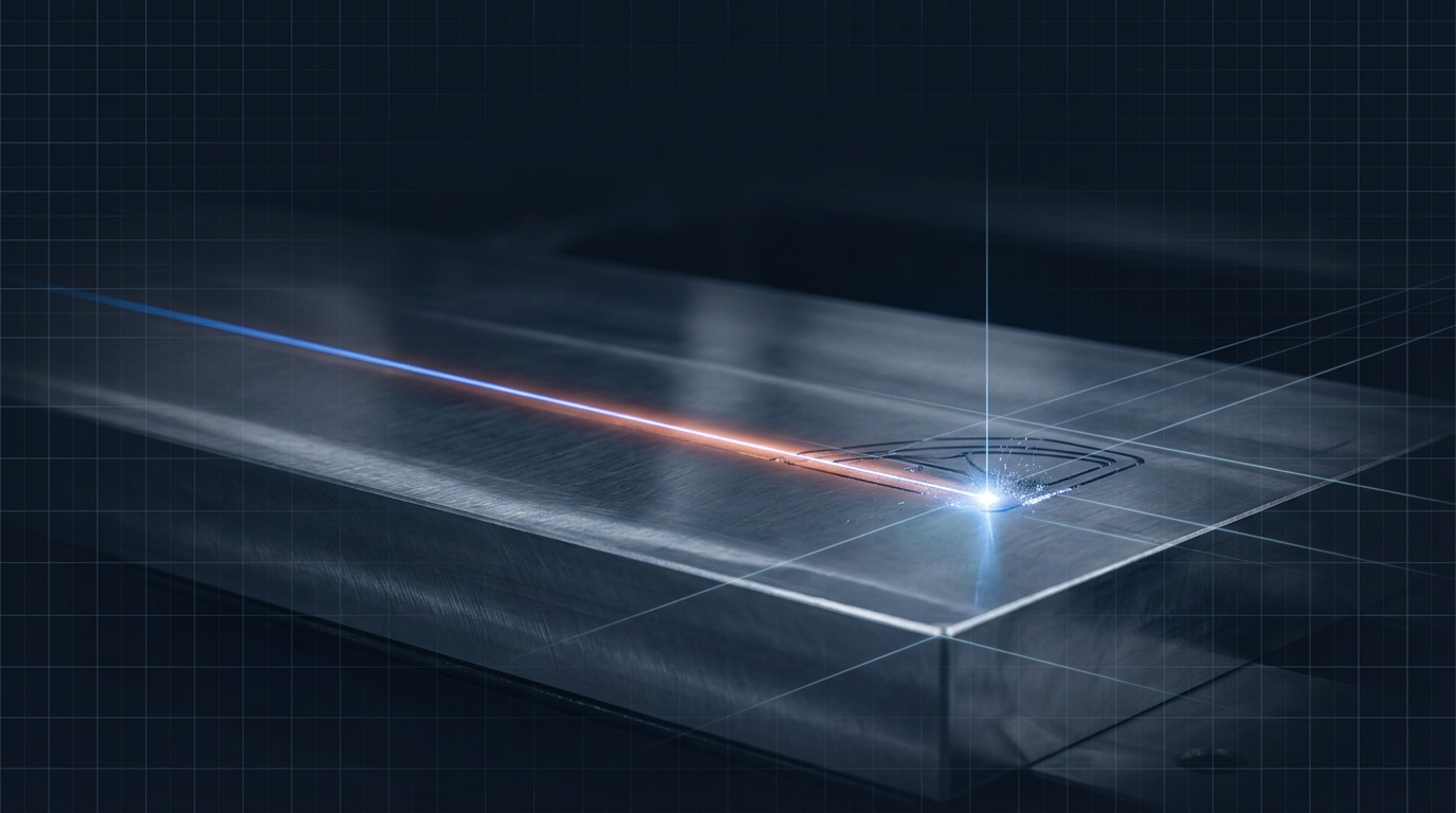 Dark industrial metal surface with geometric grid overlay and electric blue laser trace moving across the polished material, showing precision laser interaction with minimal particle ablation.
