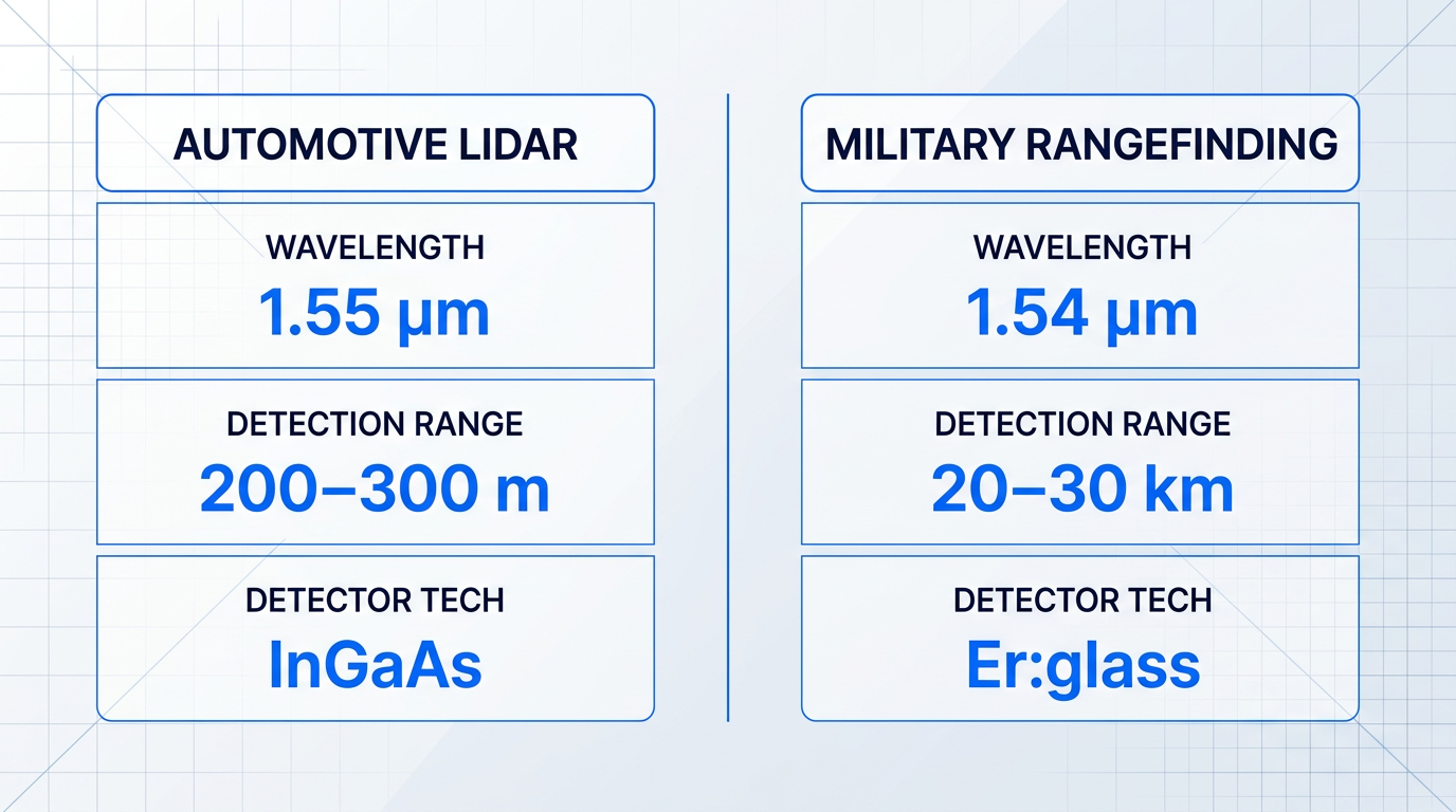 Two-column comparison showing automotive LIDAR and military rangefinding specifications: wavelengths (1.55 µm and 1.54 µm), detection ranges (200–300 m and 20–30 km), and detector technologies (InGaAs and Er:glass).