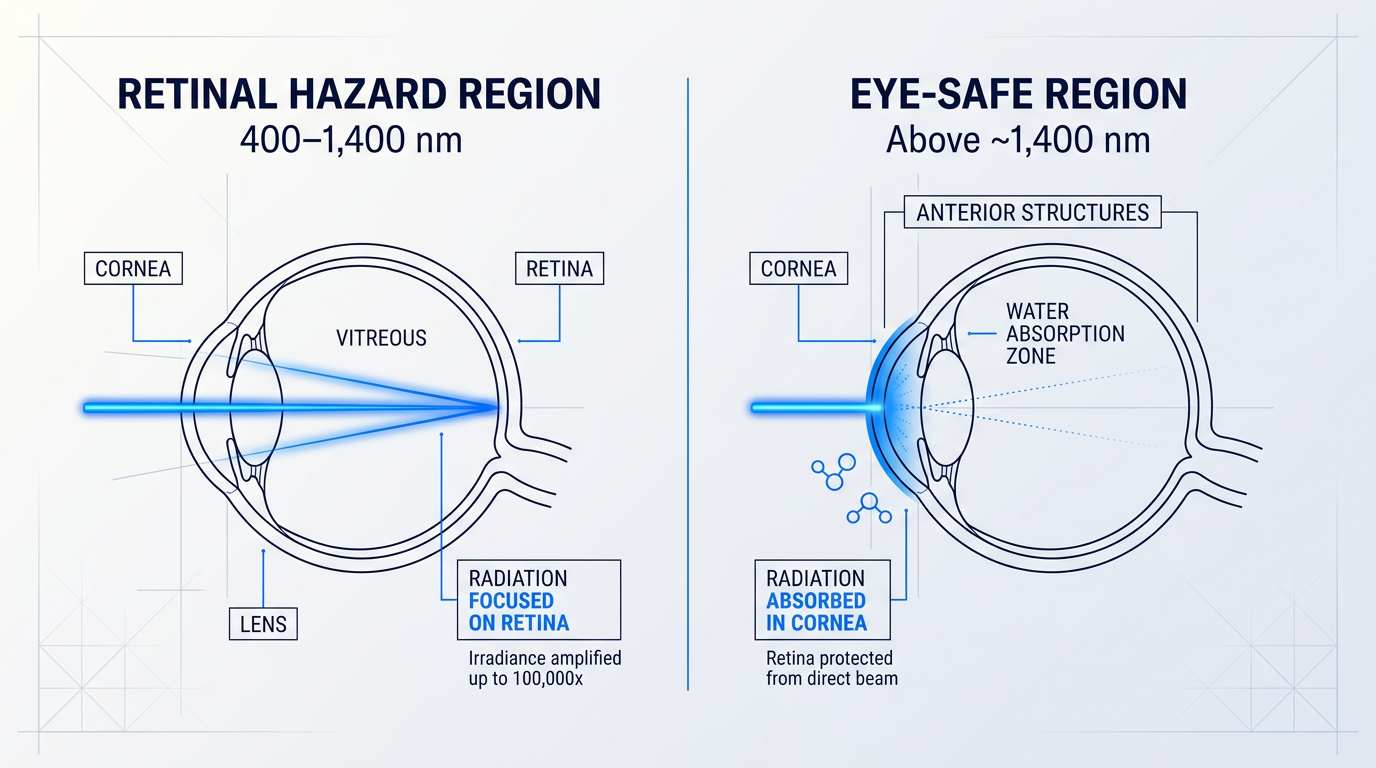 Side-by-side comparison of eye anatomy showing retinal hazard region (400–1,400 nm) on left with laser radiation focused onto retina, and eye-safe region (above 1,400 nm) on right with radiation absorbed in cornea and anterior structures.