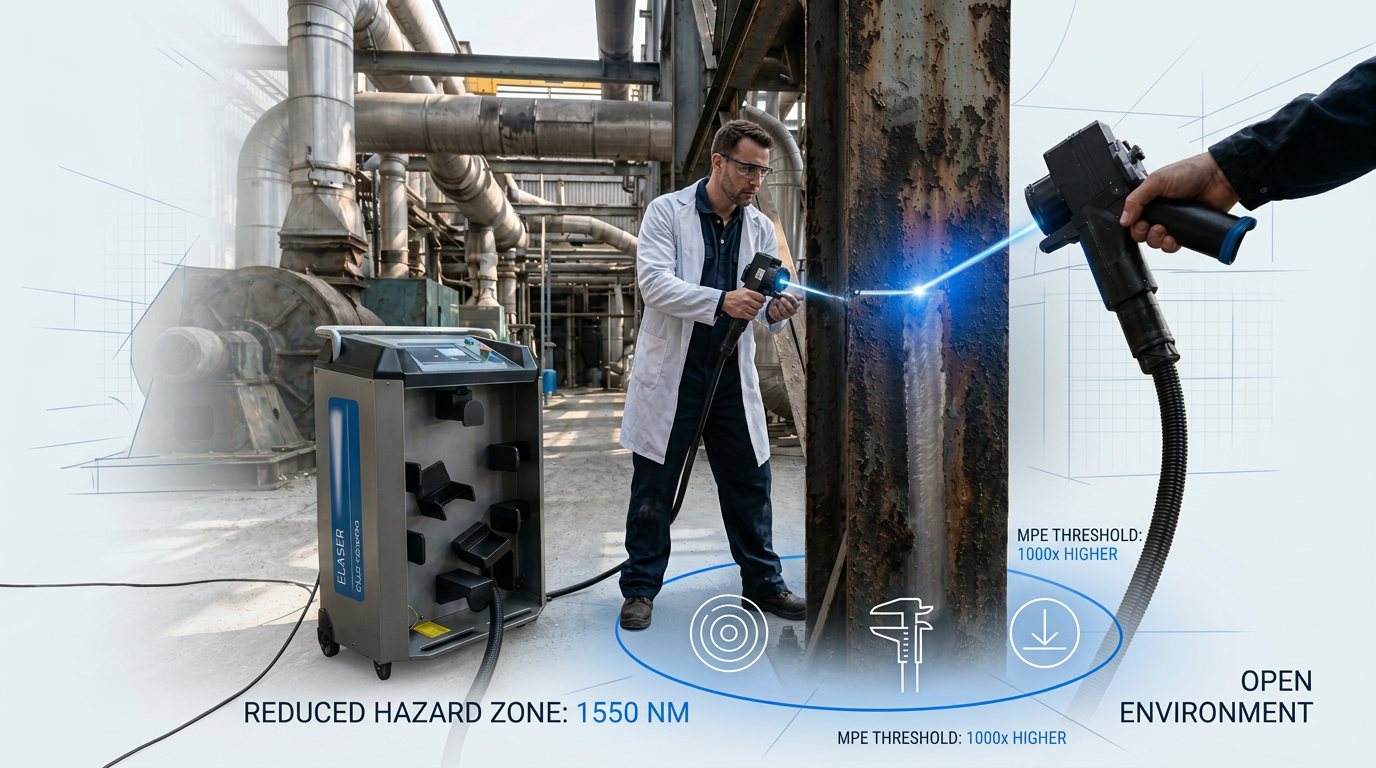 Technician in lab coat using handheld ELASER-RHZ laser scanner on stone surface in open environment, with electric blue hazard zone ring marking reduced containment area around work point, contrasting with uncontrolled surrounding space.