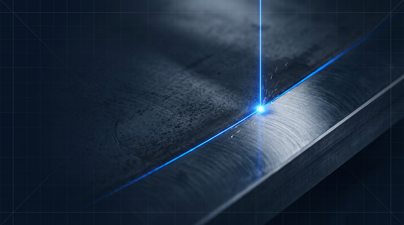 Close-up of polished metal surface divided by electric blue laser line, showing clean reflective material on right and oxidized surface on left with visible machining texture.