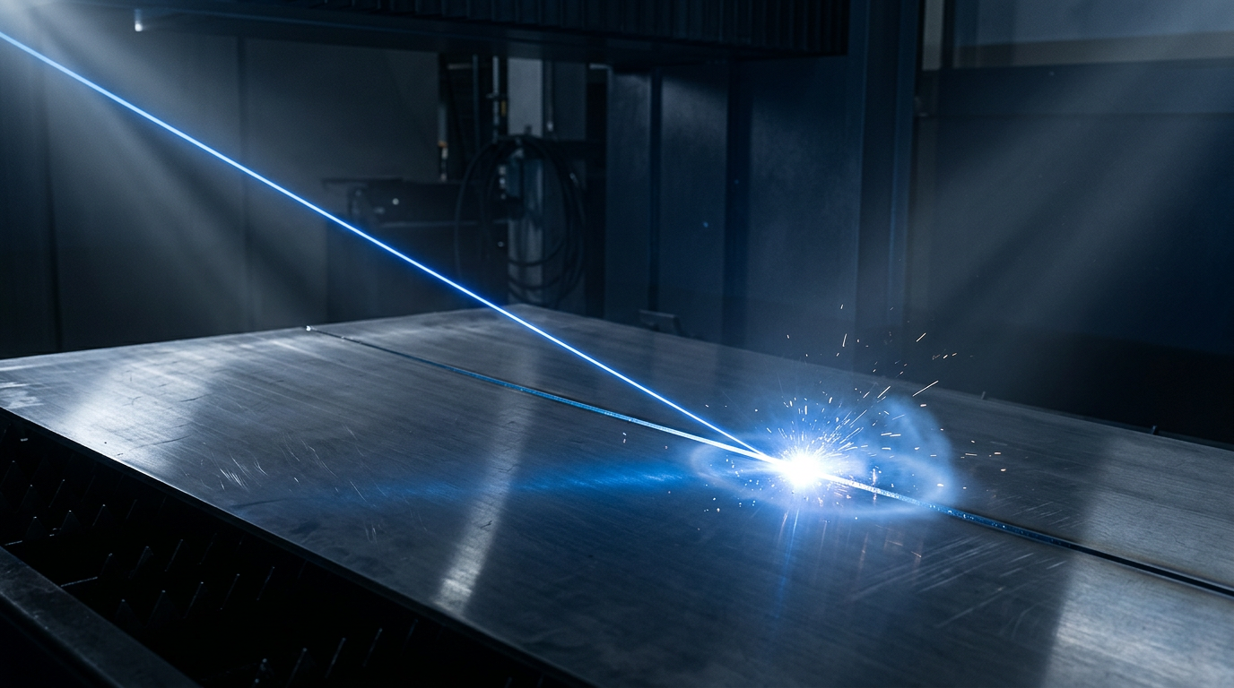 Dark industrial metal surface with focused blue fiber laser beam tracing across it, showing bright interaction point with micro-sparks and atmospheric lighting from above.