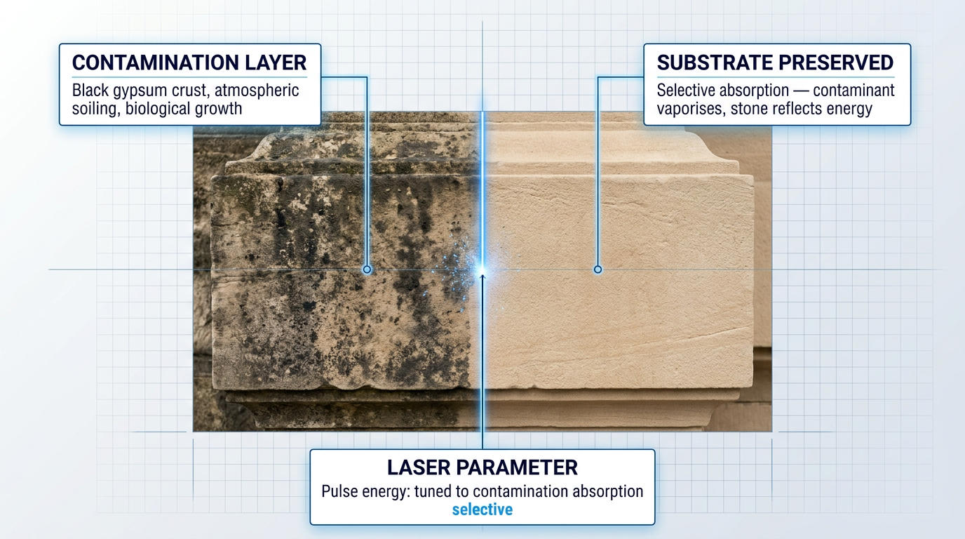 Split-screen comparison of historic sandstone: left side heavily soiled with black gypsum crust and biological growth, right side cleaned to bare tan stone, divided by vertical electric blue laser line showing selective ablation process.