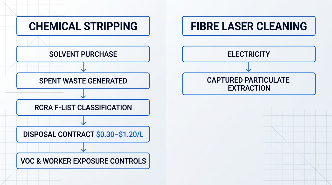 Two-column cost chain comparison: left side shows five sequential steps for chemical stripping (solvent purchase, spent waste, RCRA classification, disposal contract, VOC controls); right side shows two steps for fiber laser cleaning (electricity, particulate extraction).