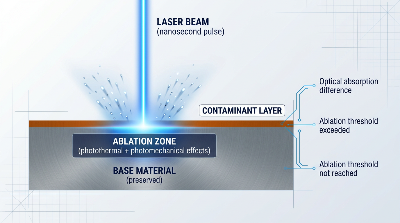 Cross-section diagram of laser ablation showing laser beam striking contaminated surface layer with vaporized particles ejecting upward while base material remains intact and undisturbed below.
