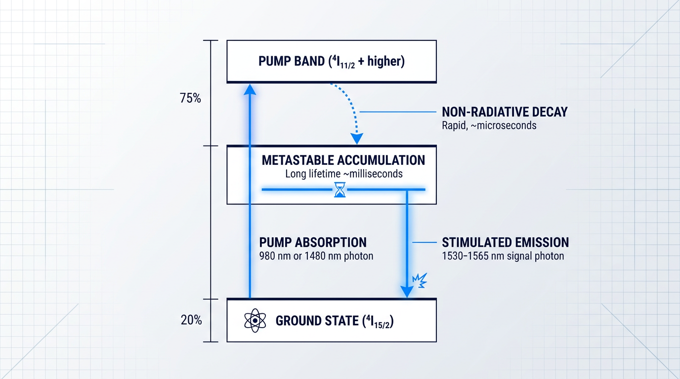 Energy level diagram for erbium ions showing four transitions: pump absorption at 980/1480 nm exciting ground state to pump band, non-radiative decay to metastable level, metastable accumulation with millisecond lifetime, and stimulated emission at 1530-1565 nm returning to ground state.
