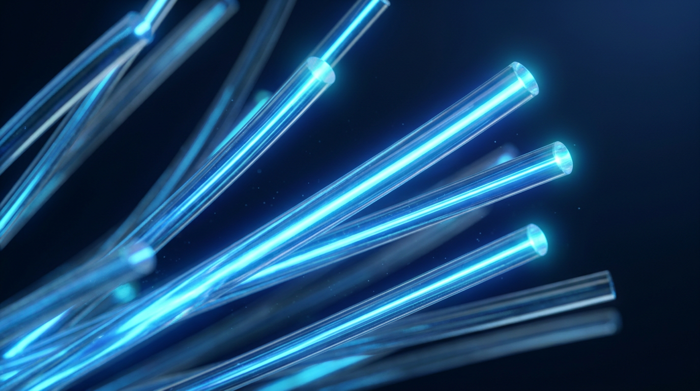 Close-up macro view of glowing optical fiber strands transmitting light with electric blue luminescence against deep navy background, illustrating fiber optic amplifier technology.
