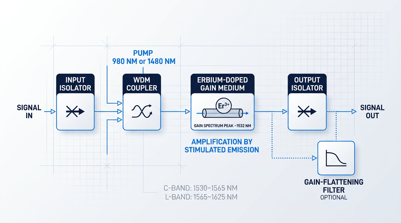 Left-to-right process flow diagram of EDFA assembly showing five sequential components: input isolator, WDM coupler combining pump and signal wavelengths, erbium-doped fibre gain medium, output isolator, and optional gain-flattening filter positioned below the main path with dotted connection line.