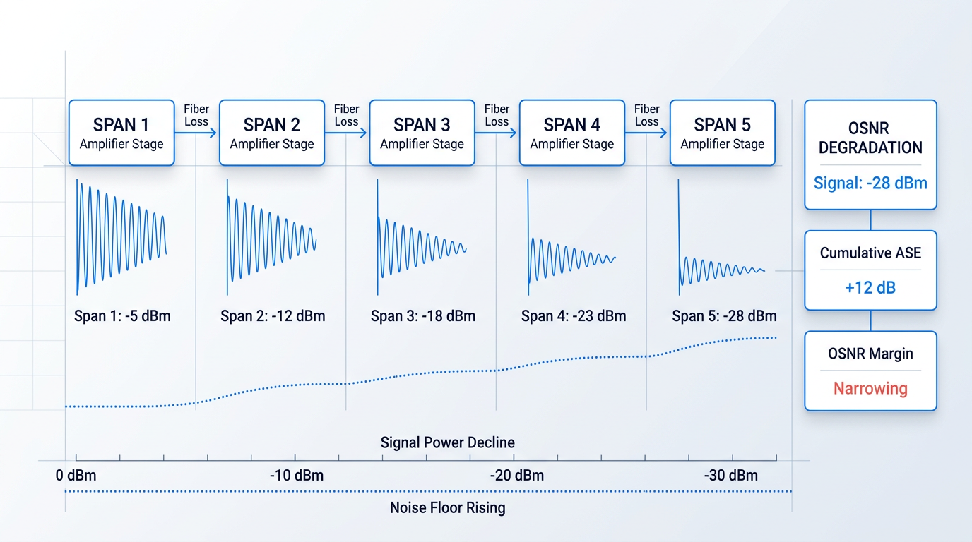 Multi-span fiber optic link showing signal power declining across five successive amplifier stages, with cumulative ASE noise floor rising progressively, illustrating OSNR degradation as spans increase.