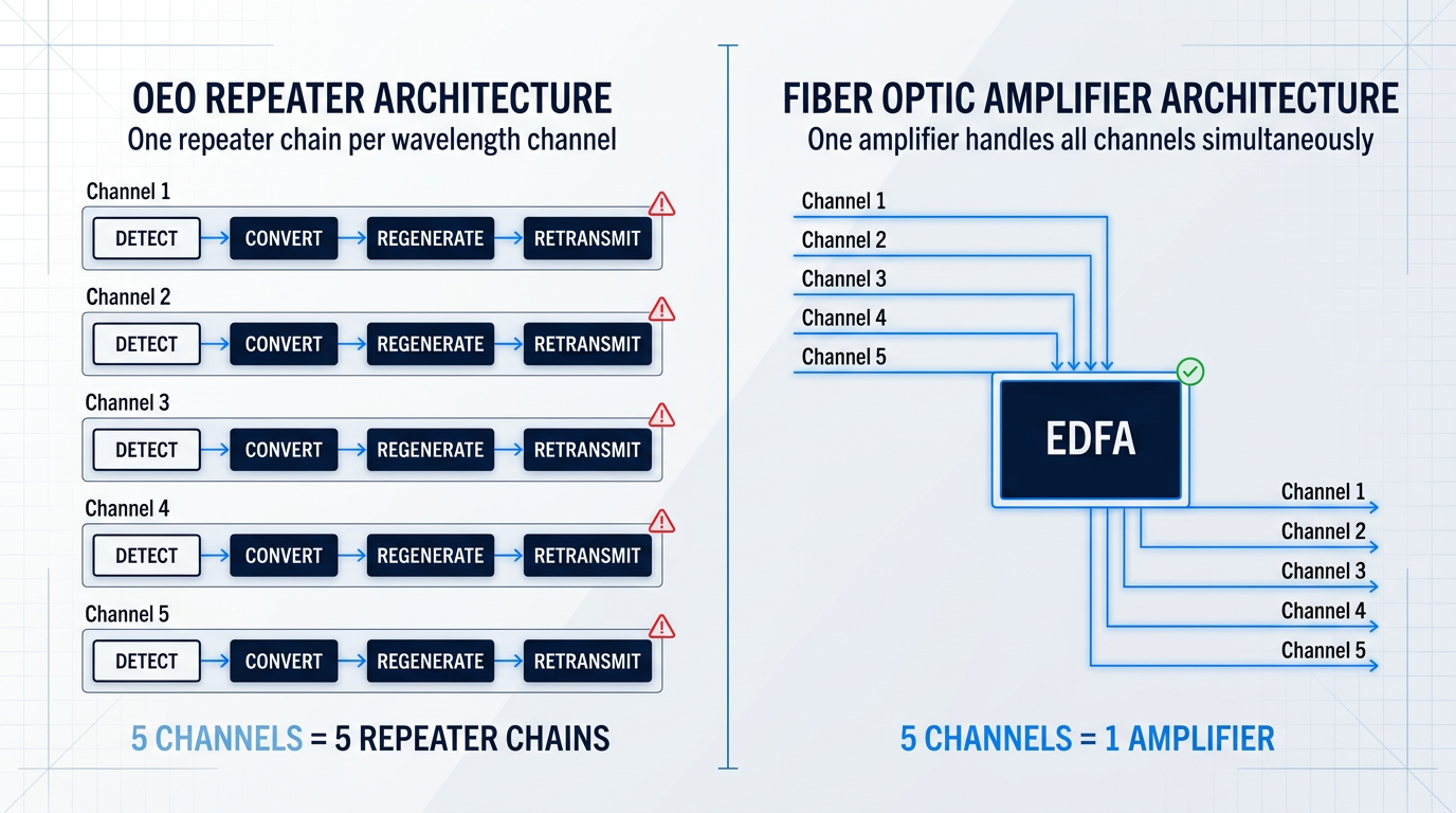 Side-by-side comparison of OEO repeater architecture versus fiber optic amplifier architecture, showing five independent repeater chains on the left versus one EDFA handling all channels on the right, demonstrating linear scaling versus unified amplification.
