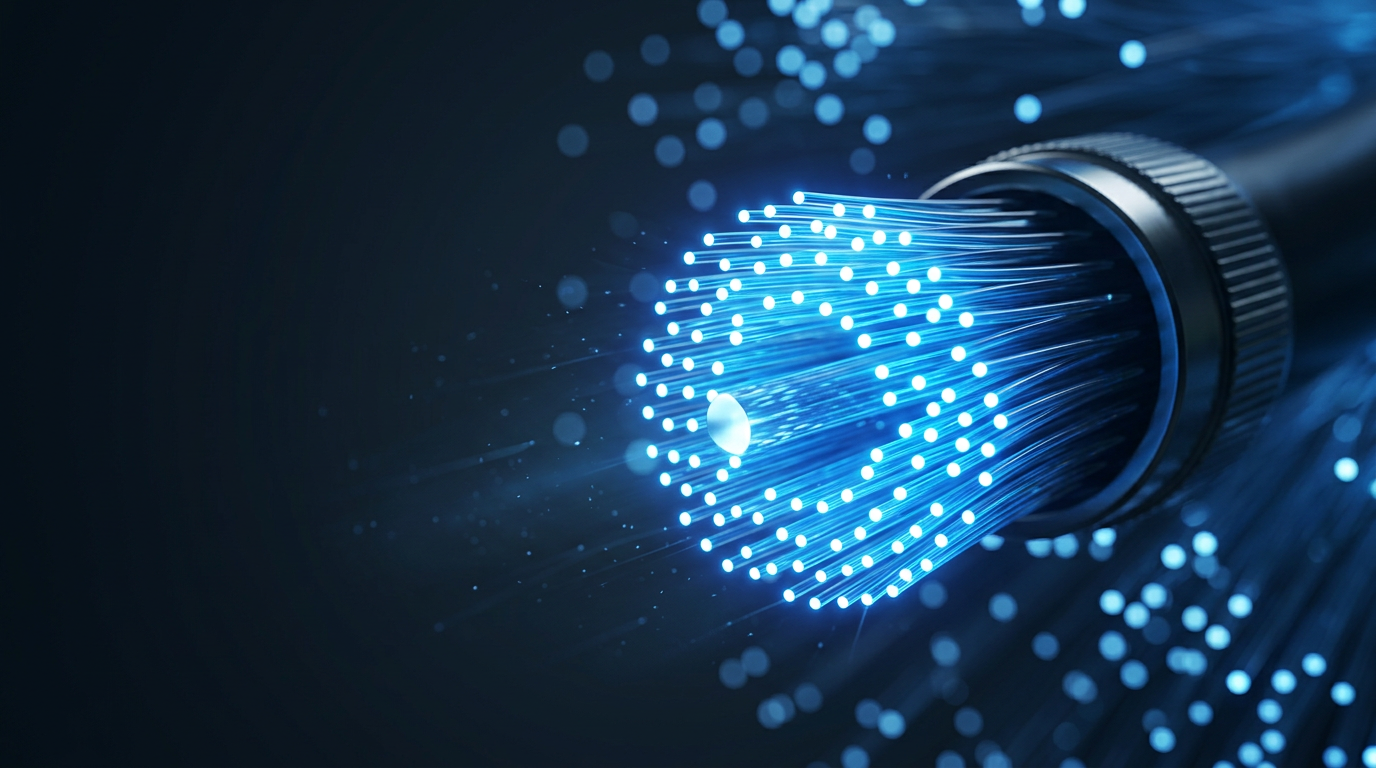 Close-up of glowing fiber optic strands transmitting electric blue light through a dense bundle, with individual glass fibers in sharp focus radiating luminous cores against a dark navy background.