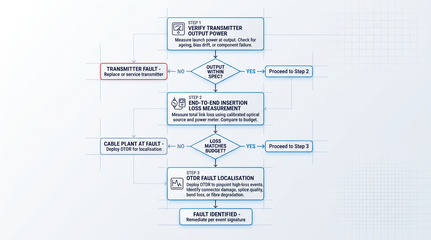 Three-step diagnostic flowchart for optical link troubleshooting: Step 1 verifies transmitter output power with decision branch; Step 2 measures end-to-end insertion loss against budget with decision branch; Step 3 deploys OTDR for fault localisation. Yes/no branches route to fault identification or next step.