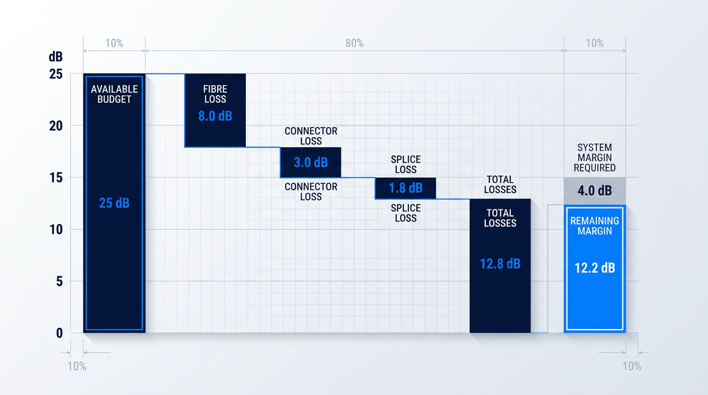Waterfall diagram showing optical link budget depletion: 25 dB available budget reduced by fibre loss (8.0 dB), connector loss (3.0 dB), and splice loss (1.8 dB), leaving 12.2 dB remaining margin against 4 dB system requirement.