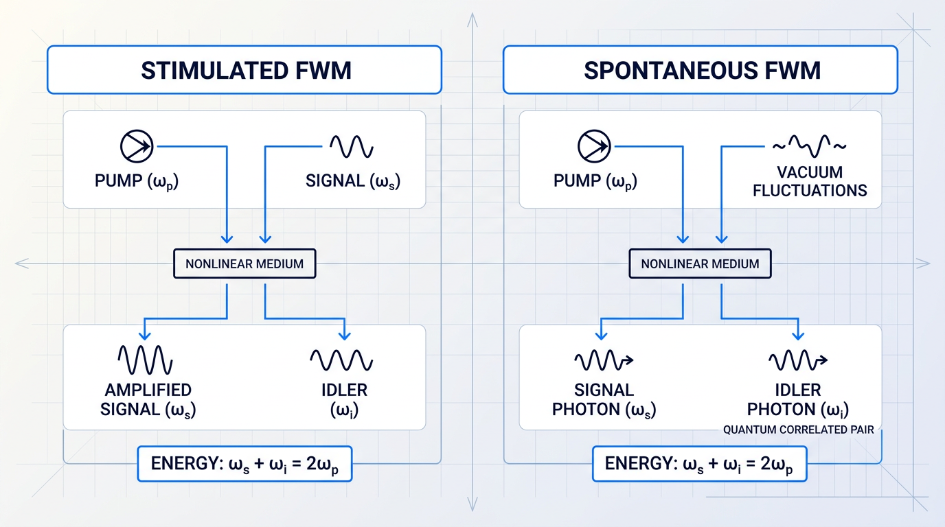 Side-by-side comparison of stimulated and spontaneous four-wave mixing processes. Left panel shows pump and signal entering a nonlinear medium with amplified signal and idler emerging. Right panel shows pump and vacuum fluctuations entering the medium with correlated signal and idler photons emerging. Both panels include energy conservation labels.