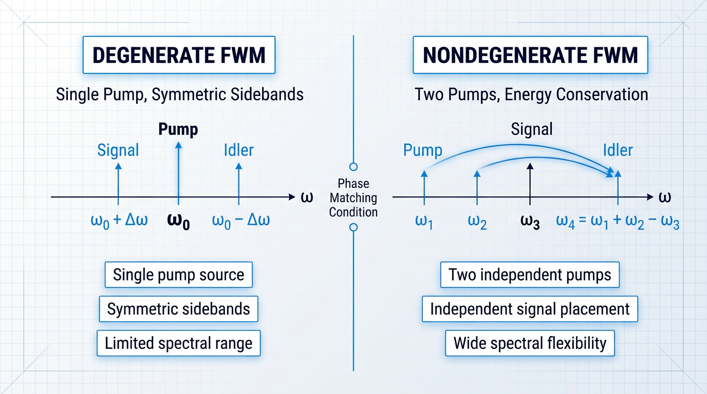 Side-by-side frequency spectrum comparison of degenerate and nondegenerate four-wave mixing configurations, showing single pump with symmetric signal and idler versus dual pumps with energy-conserved idler placement.