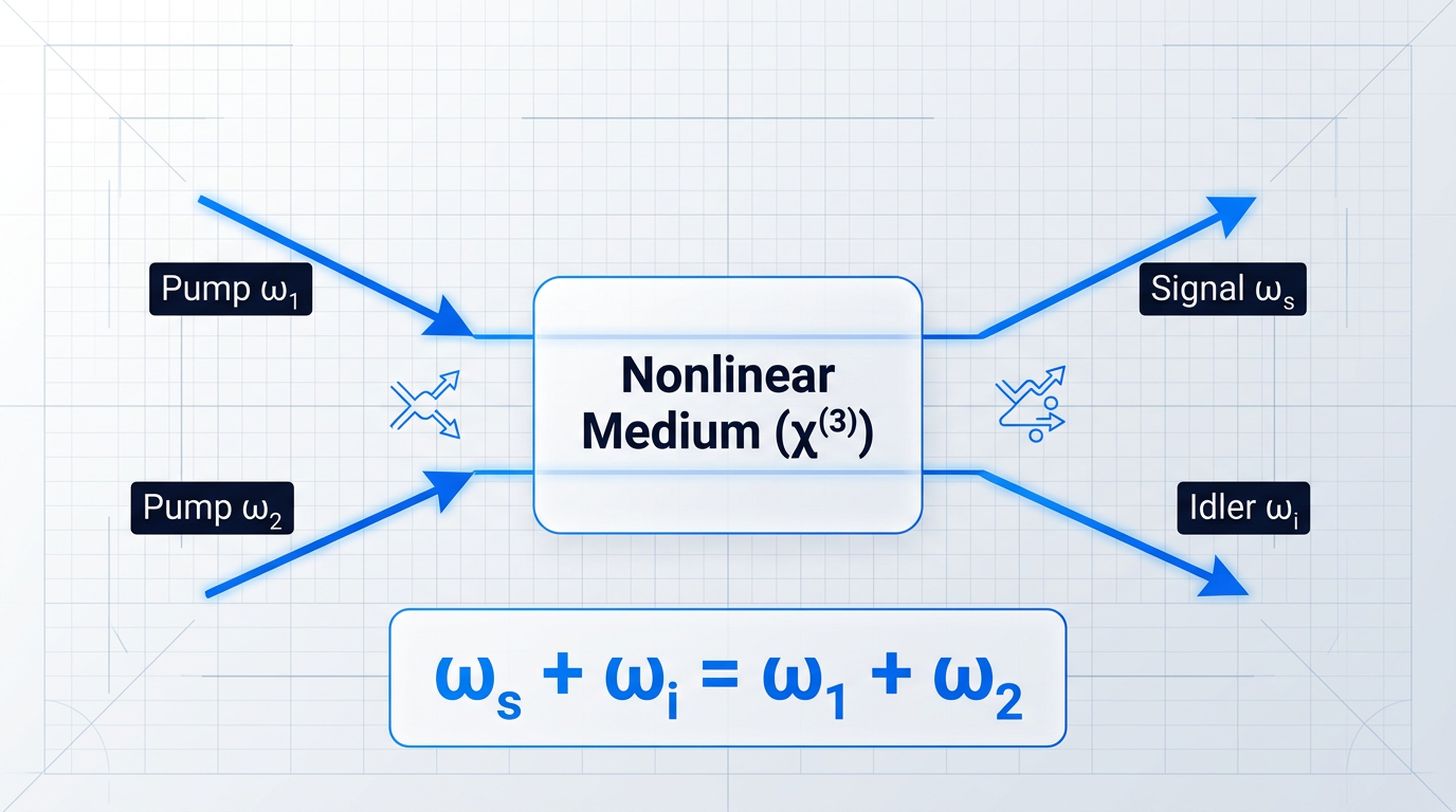 Quantum photon diagram of four-wave mixing showing two pump photons (ω₁ and ω₂) entering a nonlinear medium and annihilating, with signal (ωs) and idler (ωi) photons emerging, displaying the energy conservation relationship ωs + ωi = ω₁ + ω₂.