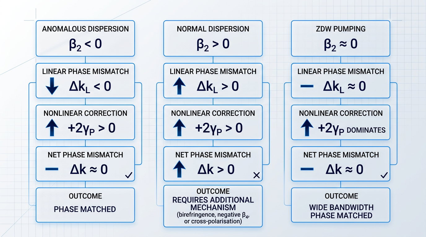 Three-column comparison of dispersion regimes for four-wave mixing: anomalous dispersion (β₂ < 0) with negative linear mismatch balanced by positive nonlinear correction; normal dispersion (β₂ > 0) with both terms positive, requiring additional mechanisms; ZDW pumping (β₂ ≈ 0) with nonlinear phase shift dominating for wide bandwidth matching.