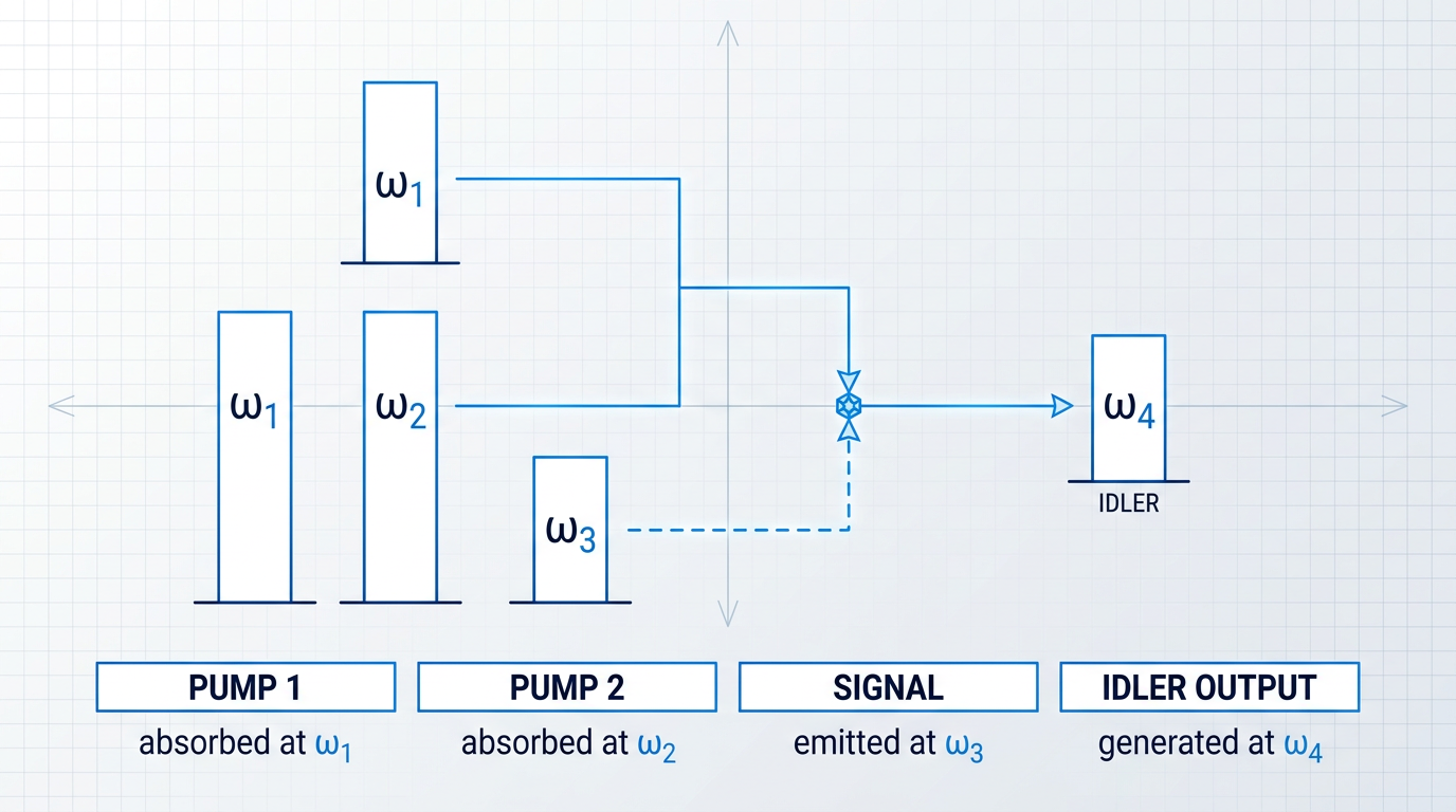 Frequency diagram showing four-wave mixing relationship with three input frequencies (ω₁, ω₂, ω₃) combining through electric blue connector lines to produce output frequency (ω₄), illustrating the energy conservation equation ω₄ = ω₁ + ω₂ − ω₃.