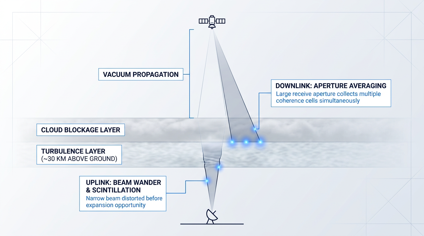 Vertical cross-section diagram showing uplink and downlink beam propagation through atmospheric layers, with spacecraft at top, ground station at bottom, turbulence layer and cloud blockage layer marked, demonstrating aperture averaging on downlink and beam wander/scintillation on uplink.