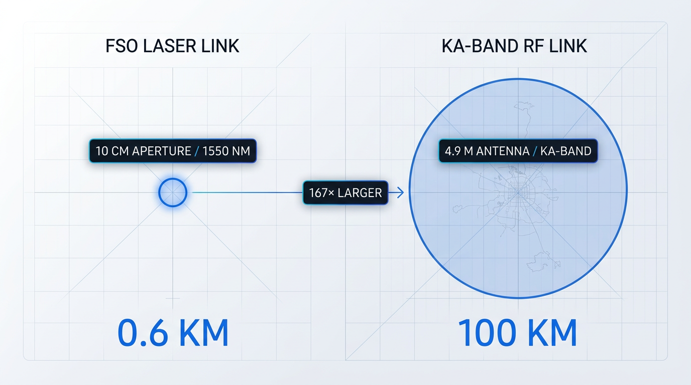 Side-by-side comparison of satellite beam footprints: FSO laser link with 0.6 km diameter circular footprint versus Ka-band RF link with 100 km diameter footprint, showing 167× size difference in ground coverage area.